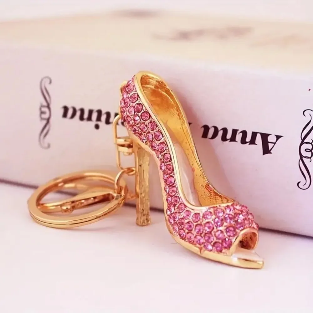 Rhinestone Fashion High Heel Shiny Metal Keyring Purse Bag Backpack